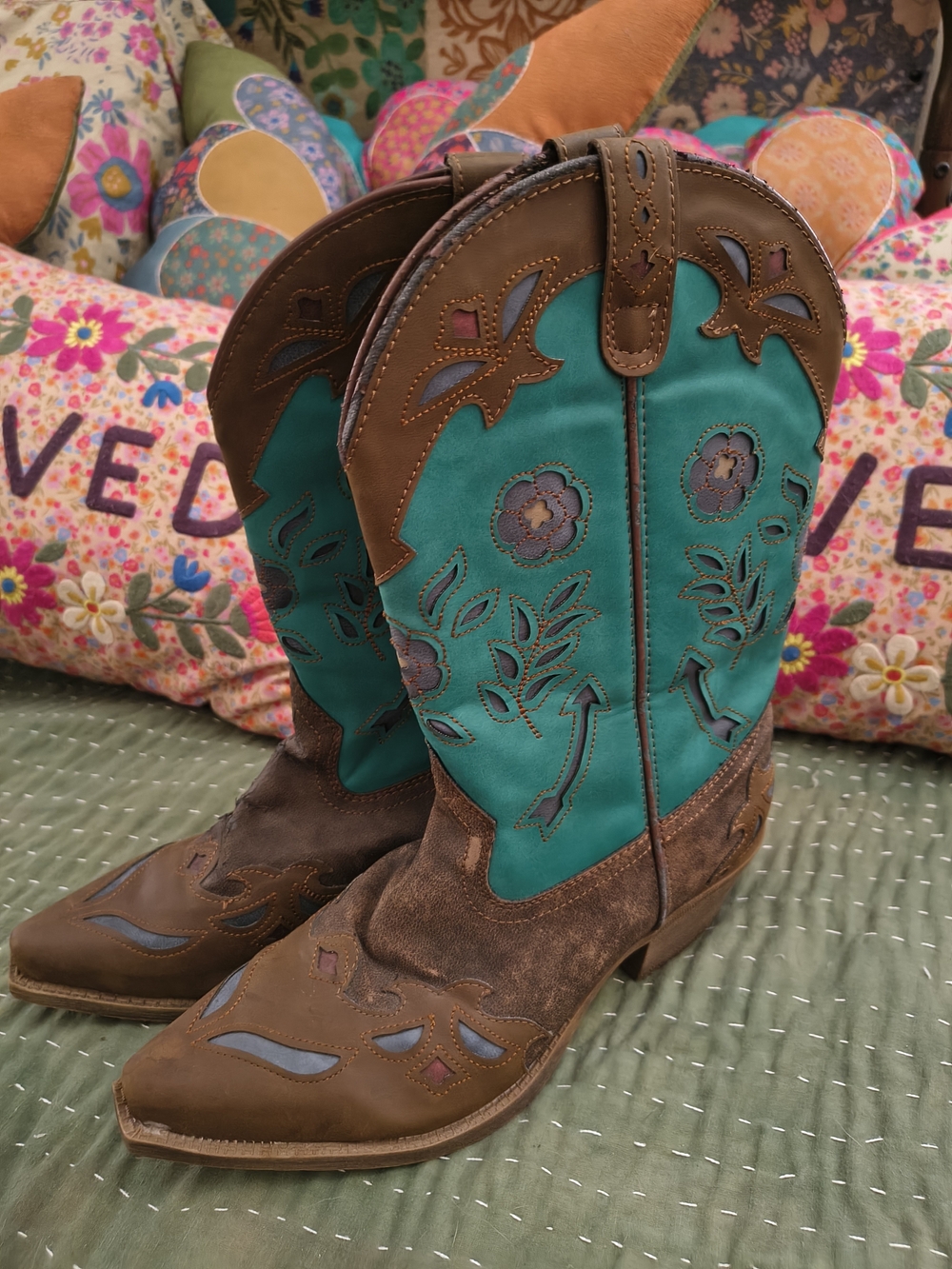 Laredo Turquoise and Brown Western Floral Heeled Boots